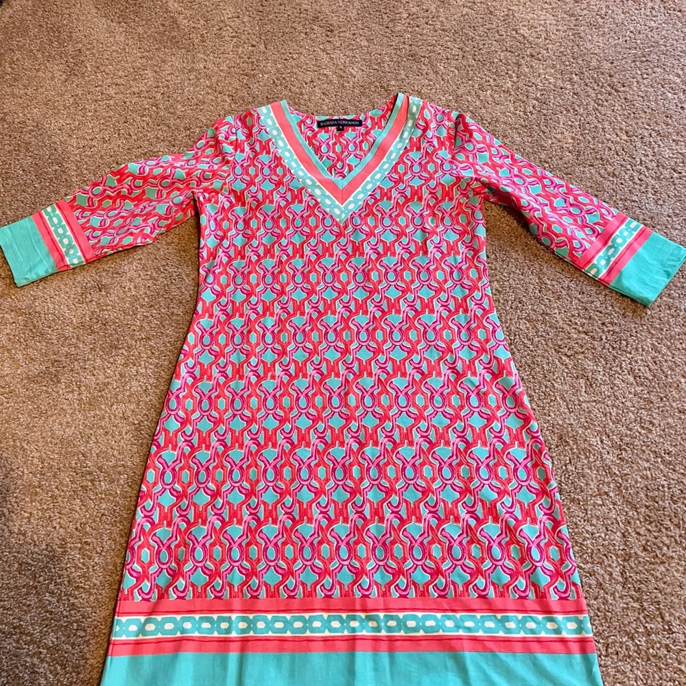 Barbara Erickson Resort Geometric  Print 3/4 Sleeve Dress Sz S Cotton Pink Aqua